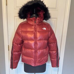 The North Face Burgundy Puffer Jacket with Black Fur Hood